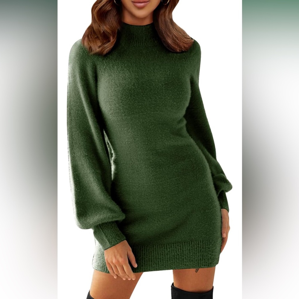! Effortless Knit Mini Mockneck Sweater Dress — Evergreen 
Like new